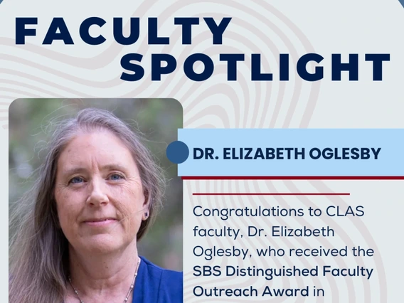 Faculty spotlight flyer with photo of Liz Oglesby