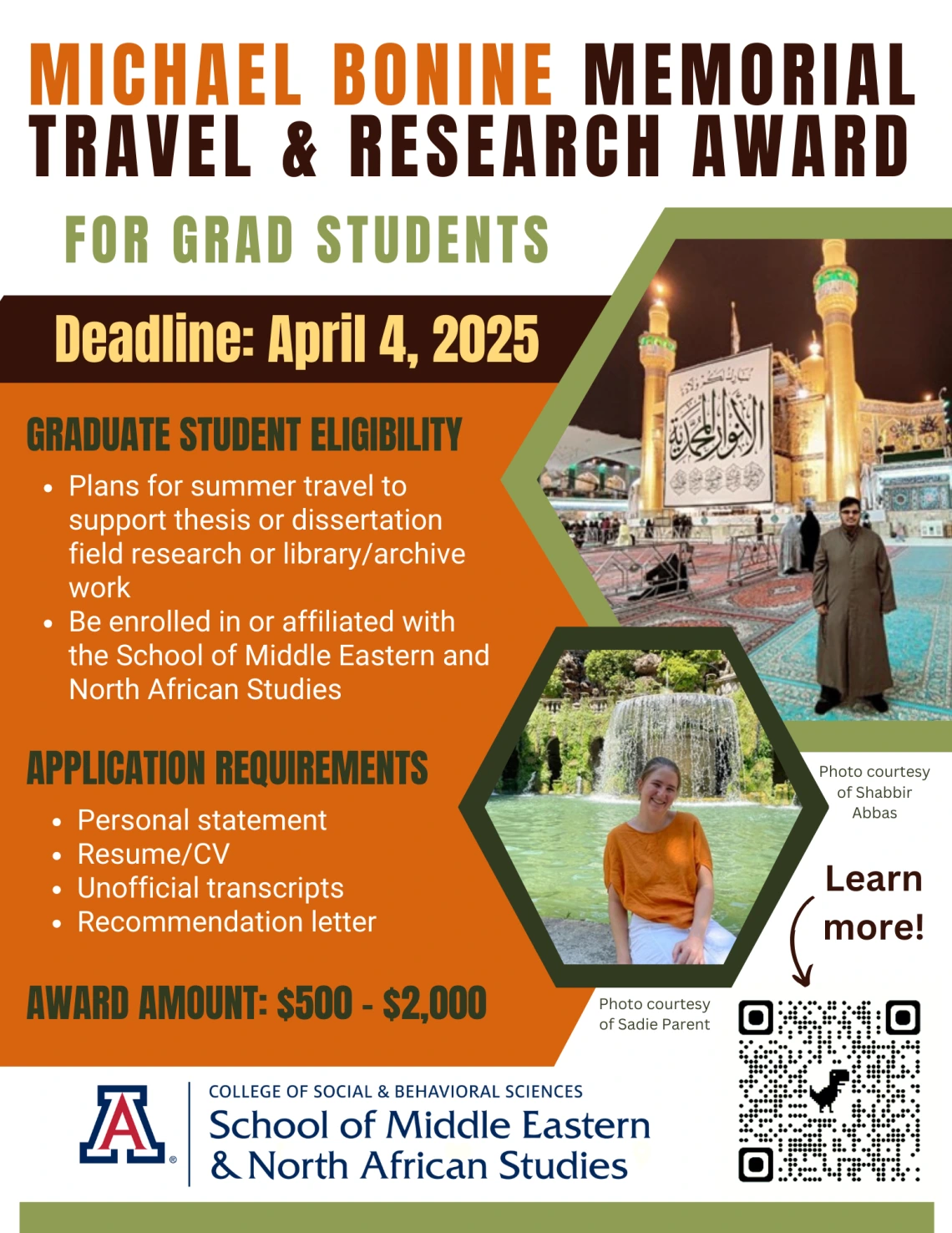 Flyer showing the deadline, eligibility, and application requirements for the Michael Bonine Memorial Travel & Research Award, along with two photos of previous award recipients.