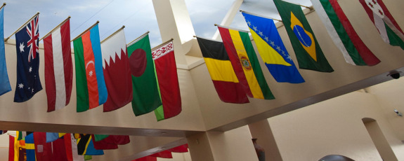 International flags hanging between buildings