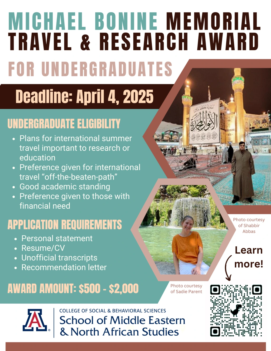 Flyer showing the deadline, eligibility, and application requirements for the Michael Bonine Memorial Travel & Research Award, along with two photos of previous award recipients.