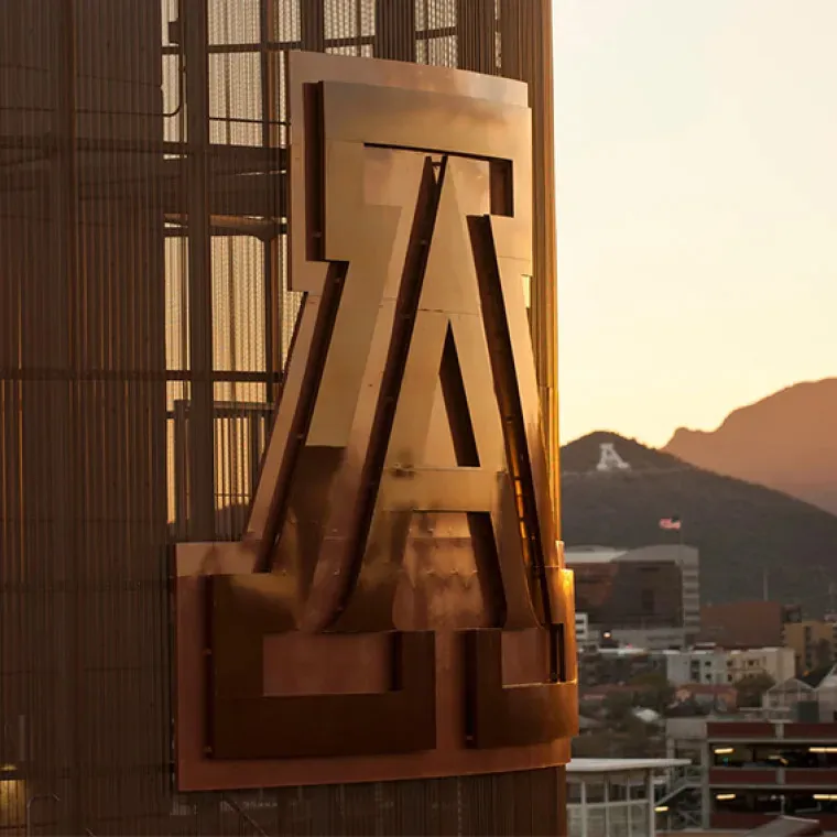 a bronze U of A logo on the side of a building