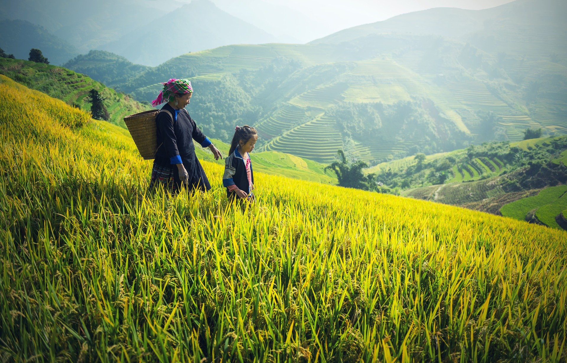 Asian woman in traditional dress with child in agriculture field
