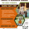 Flyer showing the deadline, eligibility, and application requirements for the Michael Bonine Memorial Travel & Research Award, along with two photos of previous award recipients.